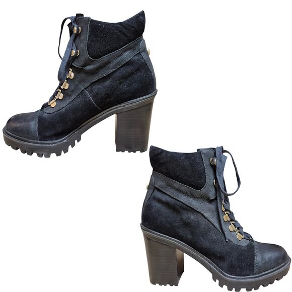 Guess Black Suede Pebble Leather Lace Up Lug Sole MOTO Heeled Boots Women's 10 - Picture 1 of 4